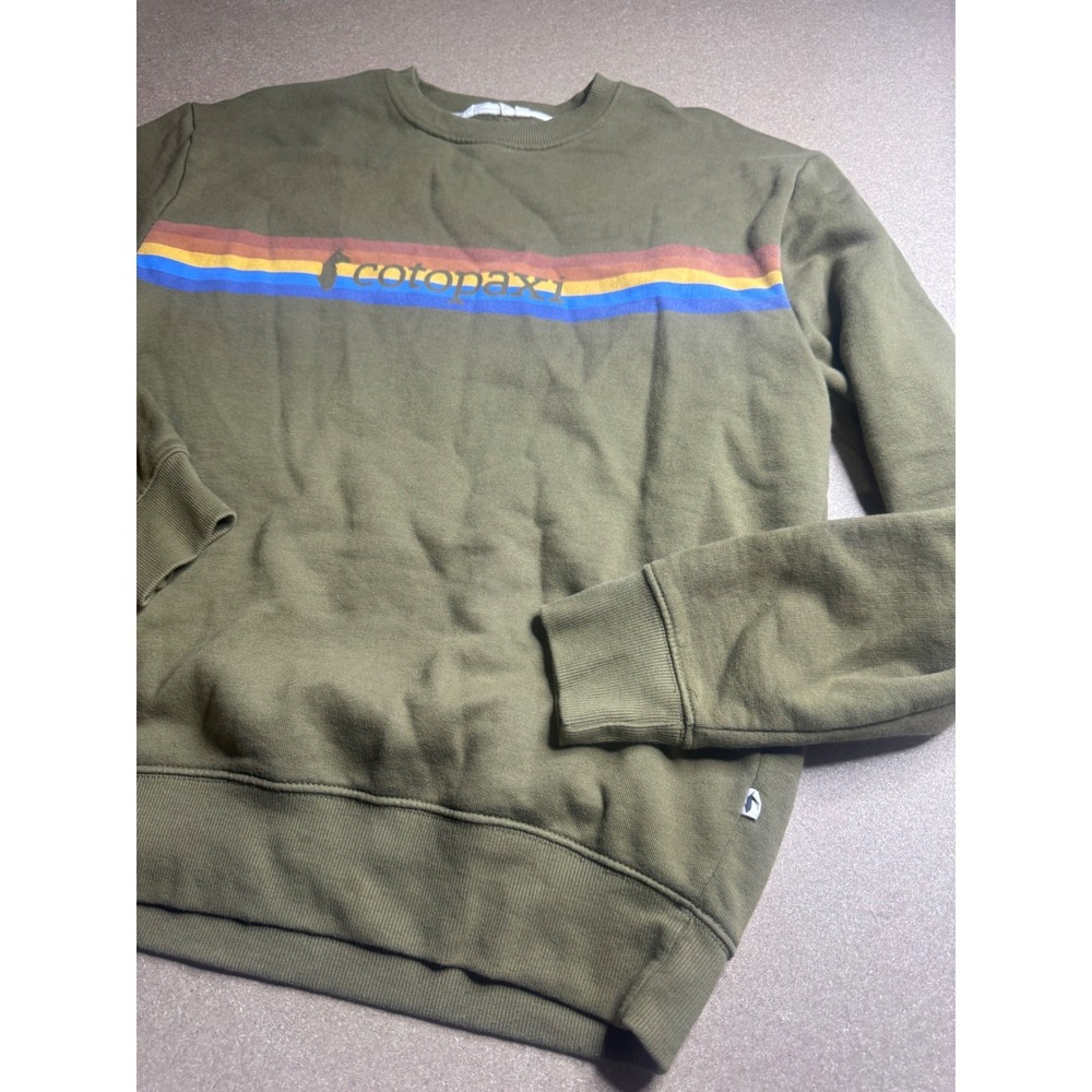 Cotopaxi Mens Small Crewneck Sweatshirt Olive Green Retro Stripe Organic Cotton